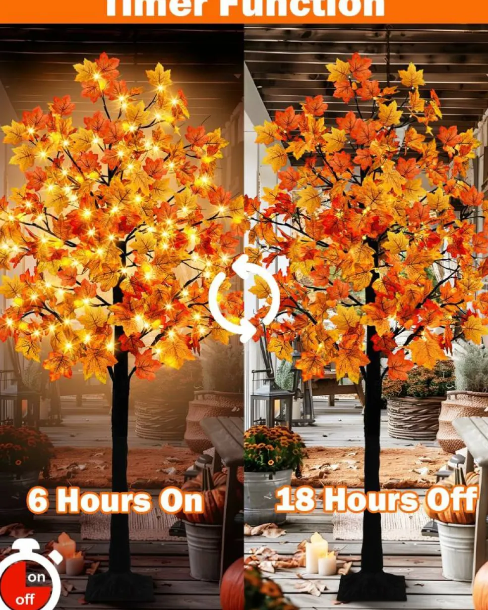 7FT Lighted Maple Tree Fall Decorations, 128 LED Artificial Autumn Tree with 256 Maple Leaves, 32 Acorns and Berry Bunches, 8 Lighting Modes, 3-Level Dimmable with Timer for Thanksgiving Indoor Outdoor Decor