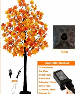 7FT Lighted Maple Tree Fall Decorations, 128 LED Artificial Autumn Tree with 256 Maple Leaves, 32 Acorns and Berry Bunches, 8 Lighting Modes, 3-Level Dimmable with Timer for Thanksgiving Indoor Outdoor Decor