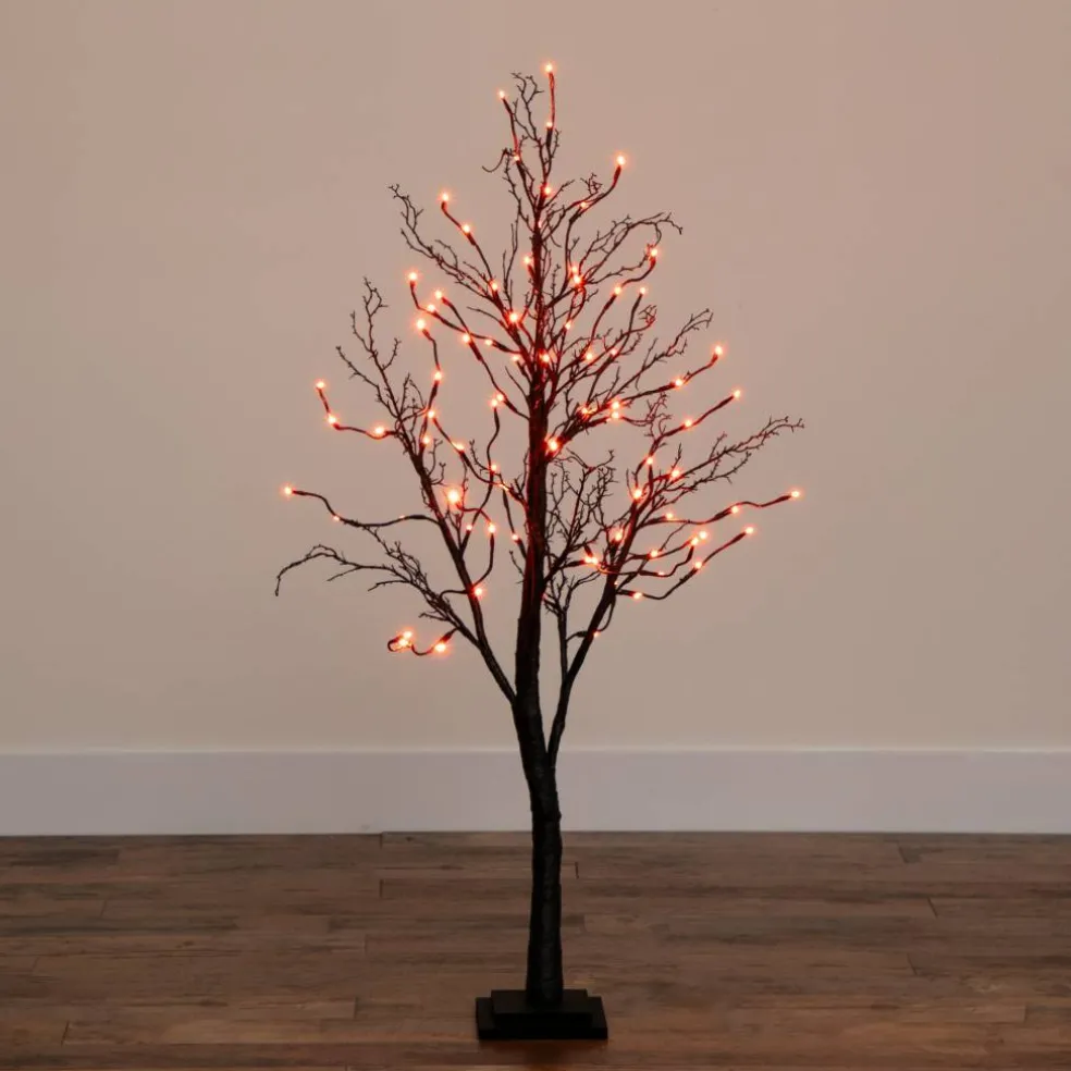 4ft. Orange & Purple LED Pre-Lit Halloween Deluxe Black Twig Artificial Fall Tree