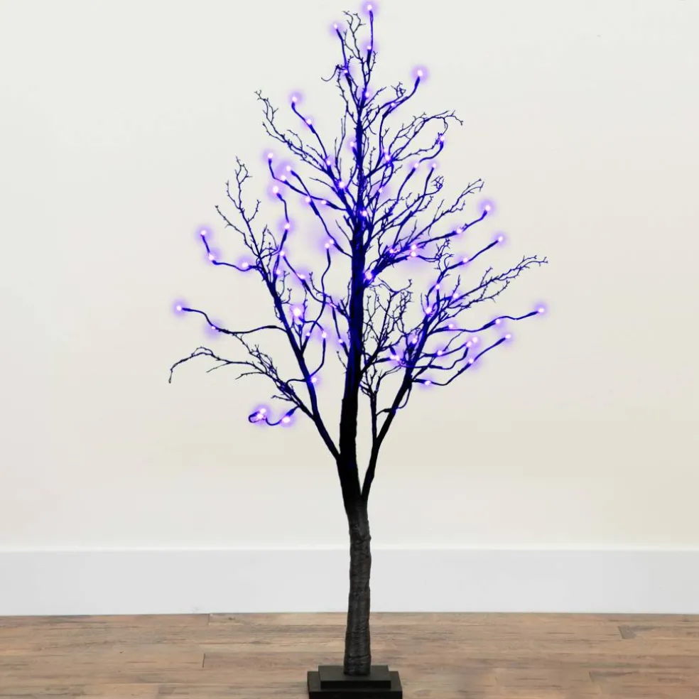 4ft. Orange & Purple LED Pre-Lit Halloween Deluxe Black Twig Artificial Fall Tree