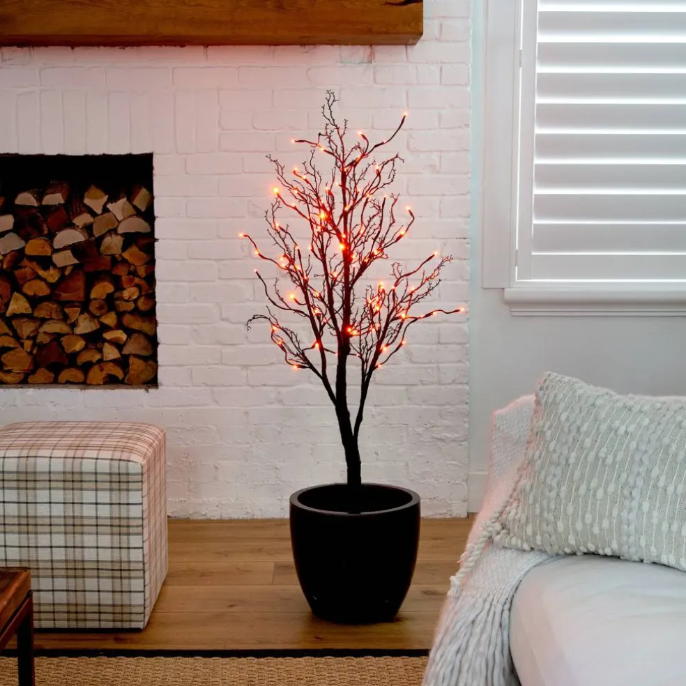 4ft. Orange & Purple LED Pre-Lit Halloween Deluxe Black Twig Artificial Fall Tree