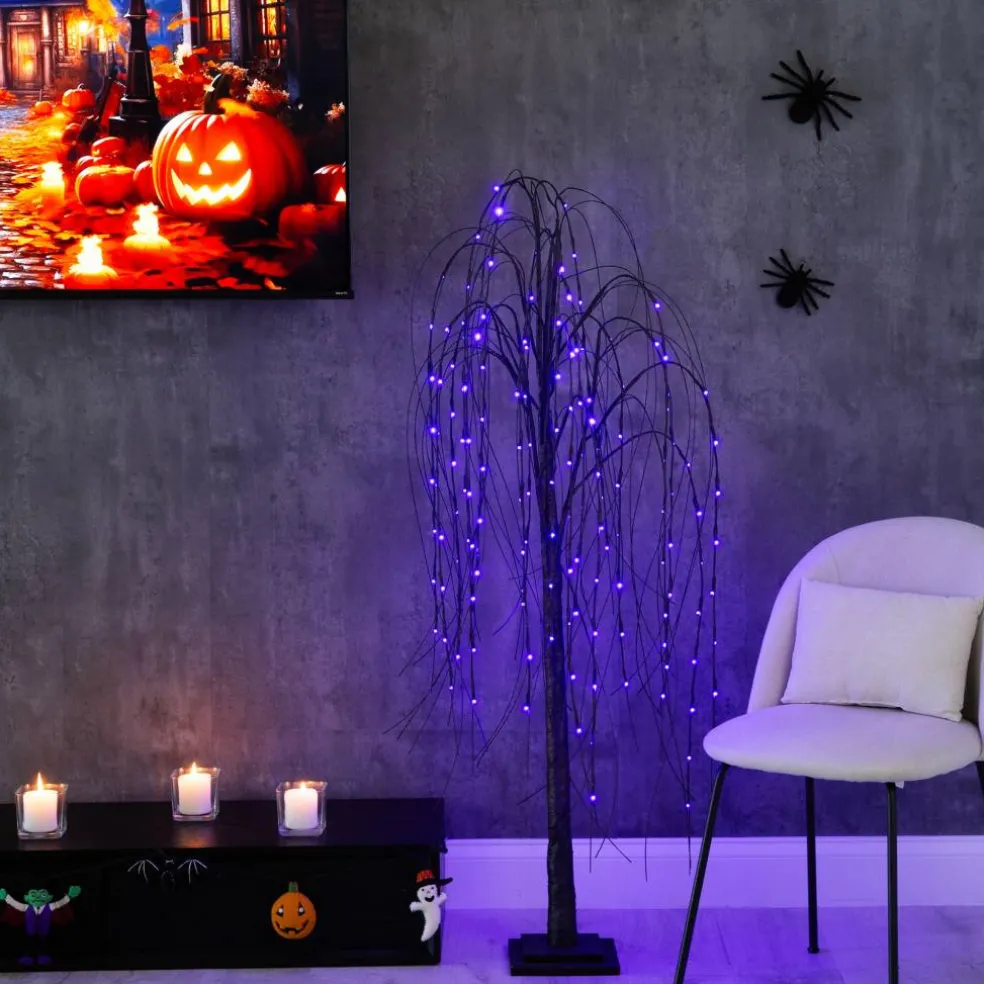 5ft. Orange & Purple LED Pre-Lit Halloween Black Willow Artificial Fall Tree