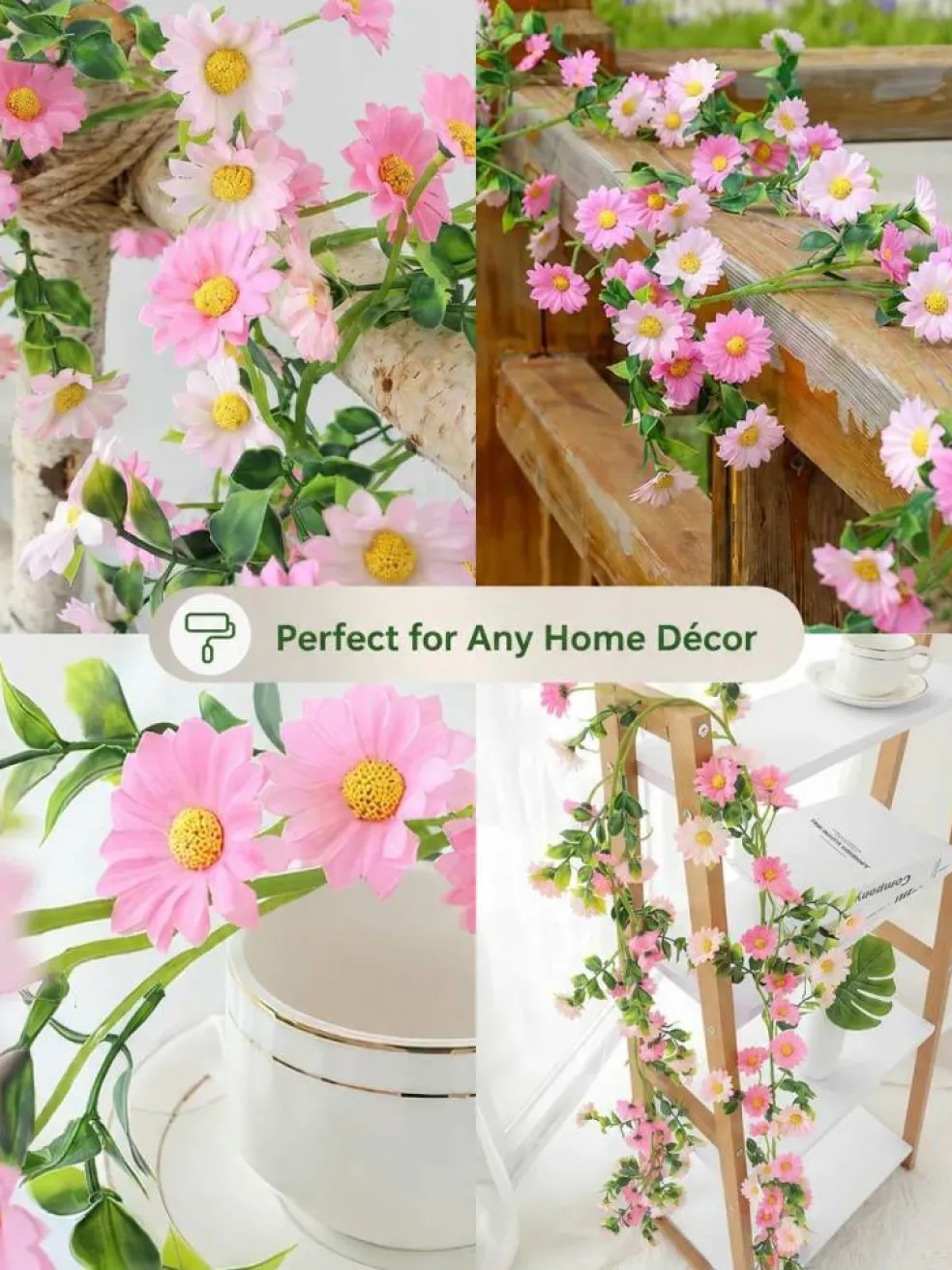 13ft Outdoor & Indoor Artificial Pink Daisy Flower Garlands, 2 Pack for Wedding & Home Decor