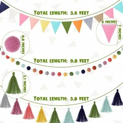 9.8 ft Pom Pom Garland Felt Rainbow Garland 2026 Graduation Party Decoration Colorful Pennant Tassel Banner Back to School Birthday Triangle Banner for Classroom School Mantel(Bright Color)