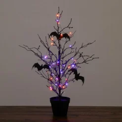 2ft. Pre-Lit Artificial Black Spooky Twig Tree with Bats and 40 Orange & Purple LED Lights