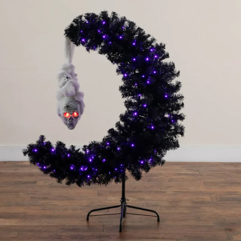 4ft. Pre-Lit Artificial Halloween Black Moon & Skull Tree with 250 Orange & Purple LED Lights