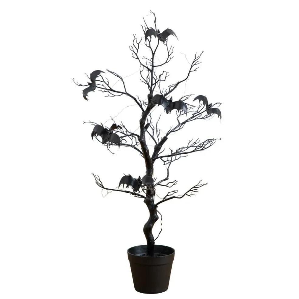 3ft. Pre-Lit Artificial Halloween Black Spooky Twig Tree with Bats and 100 Orange & Purple LED Lights