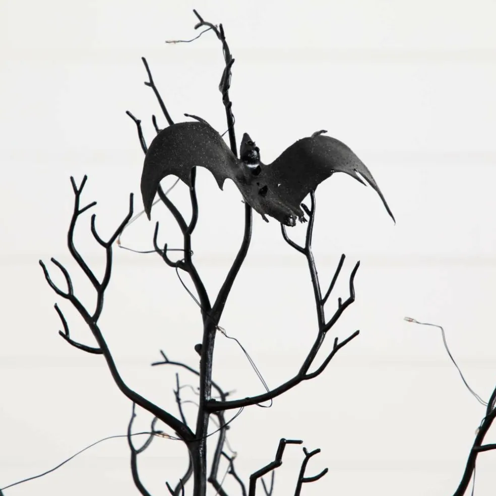 3ft. Pre-Lit Artificial Halloween Black Spooky Twig Tree with Bats and 100 Orange & Purple LED Lights