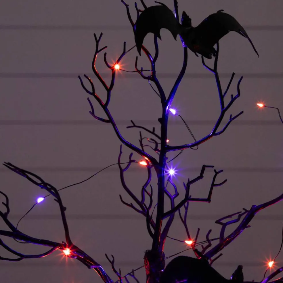 3ft. Pre-Lit Artificial Halloween Black Spooky Twig Tree with Bats and 100 Orange & Purple LED Lights