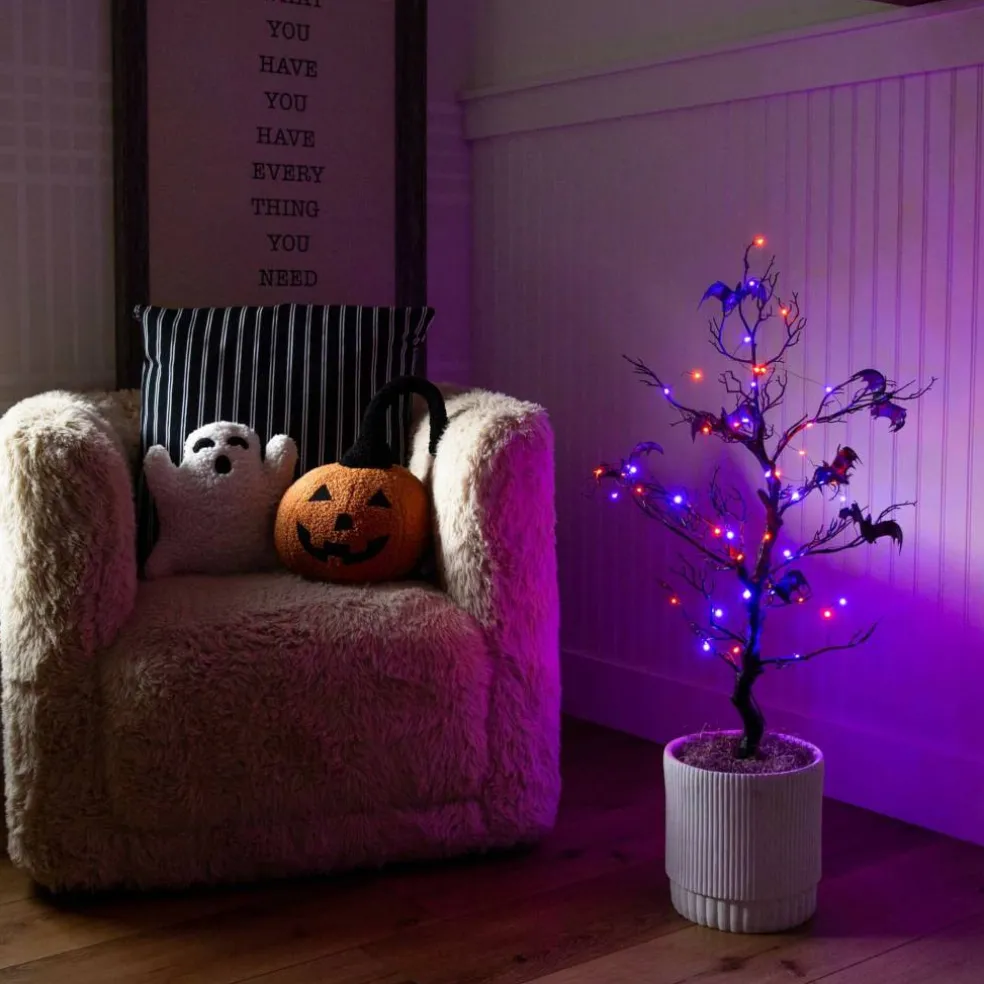 3ft. Pre-Lit Artificial Halloween Black Spooky Twig Tree with Bats and 100 Orange & Purple LED Lights