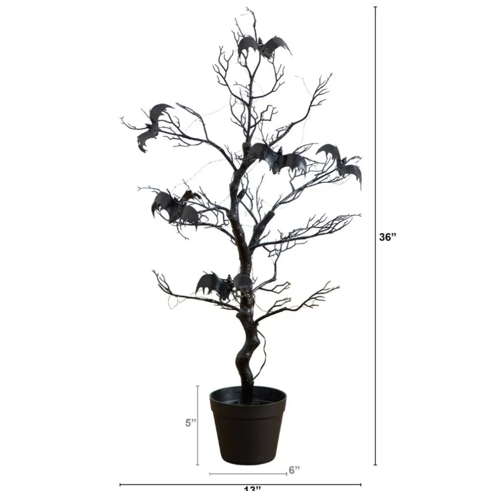 3ft. Pre-Lit Artificial Halloween Black Spooky Twig Tree with Bats and 100 Orange & Purple LED Lights