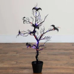 3ft. Pre-Lit Artificial Halloween Black Spooky Twig Tree with Bats and 100 Orange & Purple LED Lights