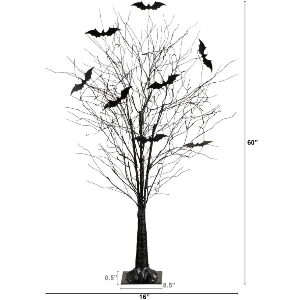 5ft. Pre-Lit Artificial Halloween Black Twig Tree with Bats and 50 Warm White LED Lights