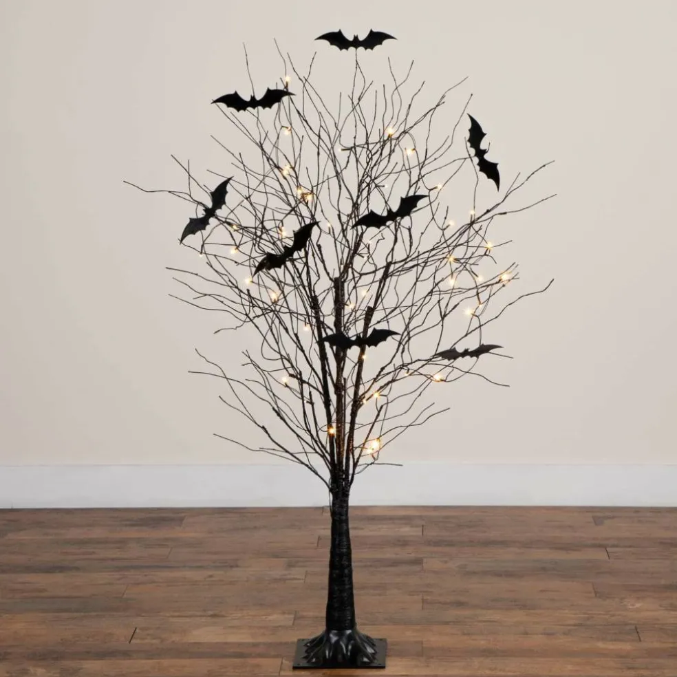 3ft. Pre-Lit Artificial Halloween Black Twig Tree with 18 Orange LED Pumpkin Shaped Lights