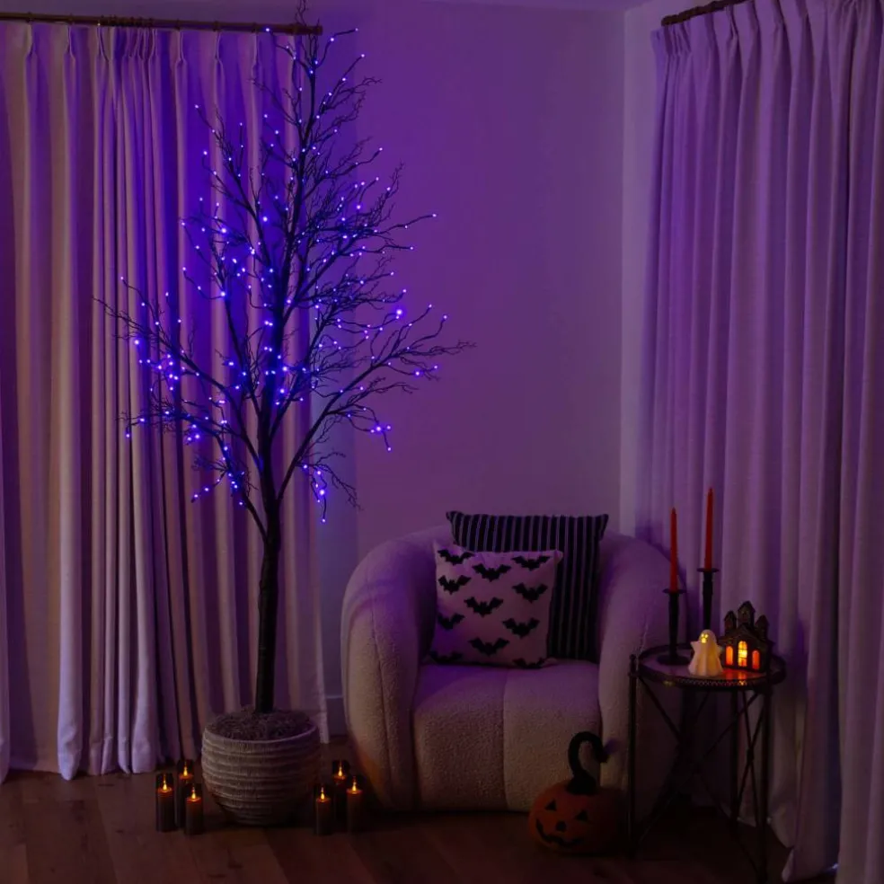 8ft. Pre-Lit Halloween Deluxe Black Twig Artificial Tree with 216 Orange & Purple LED Lights