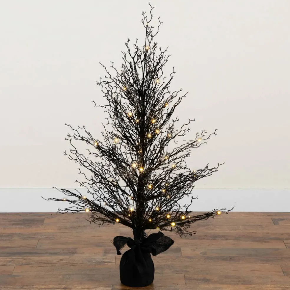 4ft. Pre-Lit LED Halloween Black Twig Artificial Fall Tree in Burlap Planter