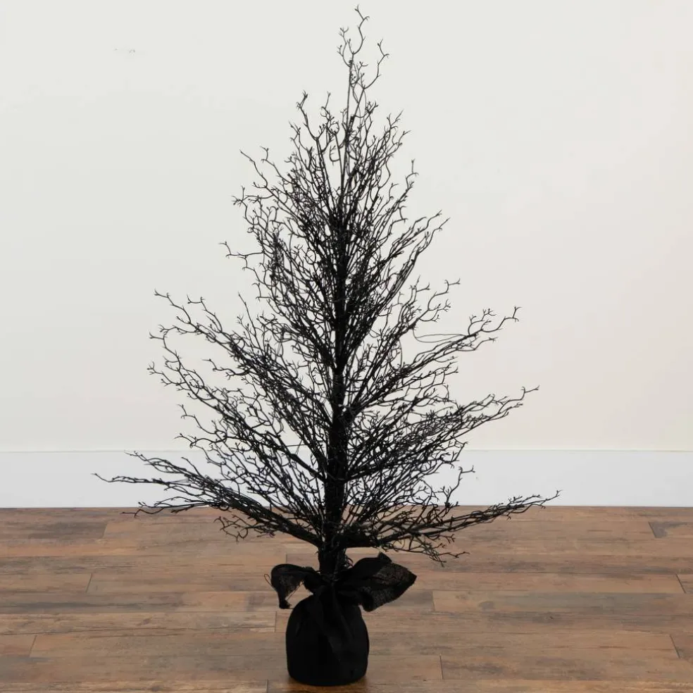 4ft. Pre-Lit LED Halloween Black Twig Artificial Fall Tree in Burlap Planter