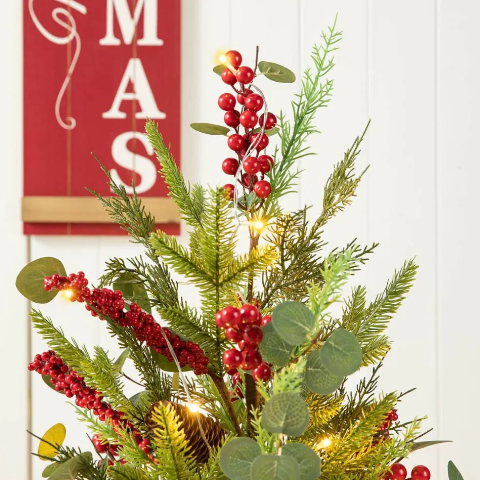 3ft. Pre-Lit Pine Needle & Eucalyptus Leaf Artificial Urn Christmas Porch Tree, Warm White LED Lights