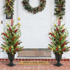 3ft. Pre-Lit Pine Needle & Eucalyptus Leaf Artificial Urn Christmas Porch Tree, Warm White LED Lights