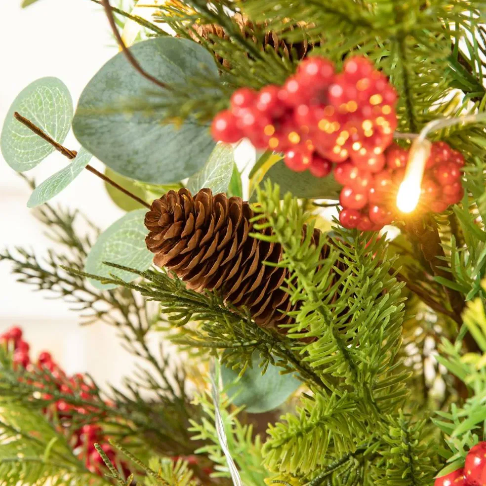 3ft. Pre-Lit Pine Needle & Eucalyptus Leaf Artificial Urn Christmas Porch Tree, Warm White LED Lights