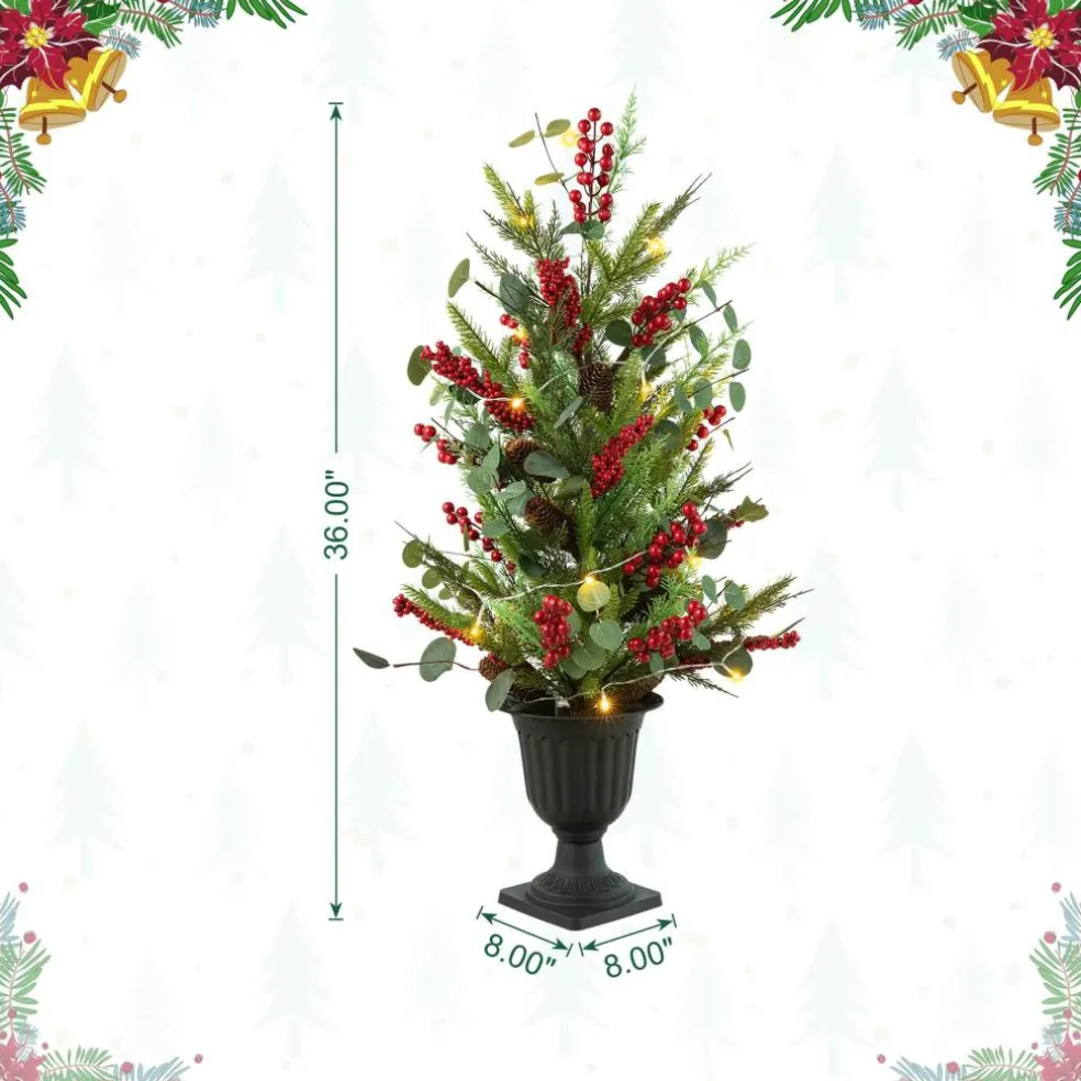 3ft. Pre-Lit Pine Needle & Eucalyptus Leaf Artificial Urn Christmas Porch Tree, Warm White LED Lights