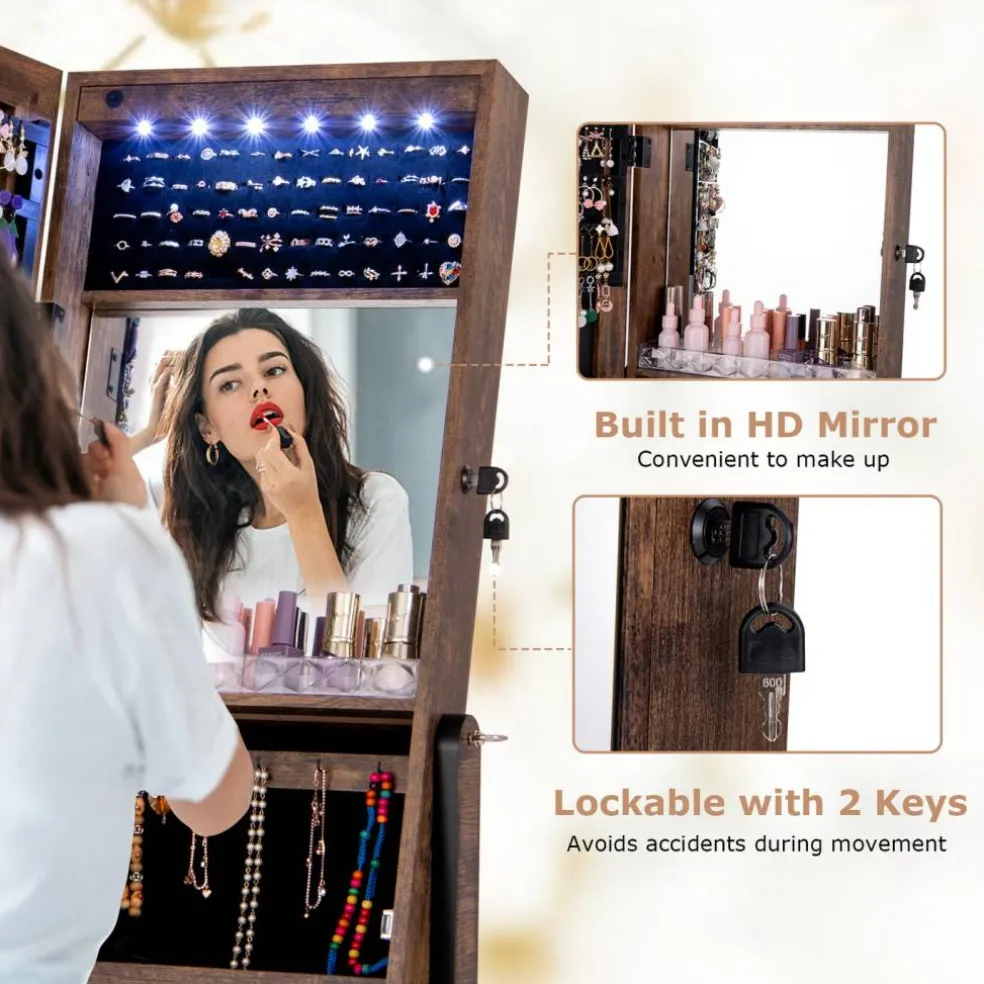 Full Length Jewelry Armoire Mirror with LED and Storage Shelves