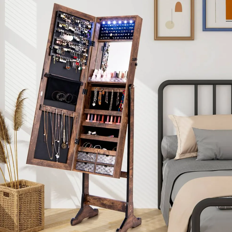 Full Length Jewelry Armoire Mirror with LED and Storage Shelves