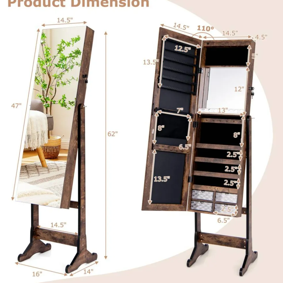 Full Length Jewelry Armoire Mirror with LED and Storage Shelves