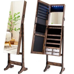 Full Length Jewelry Armoire Mirror with LED and Storage Shelves