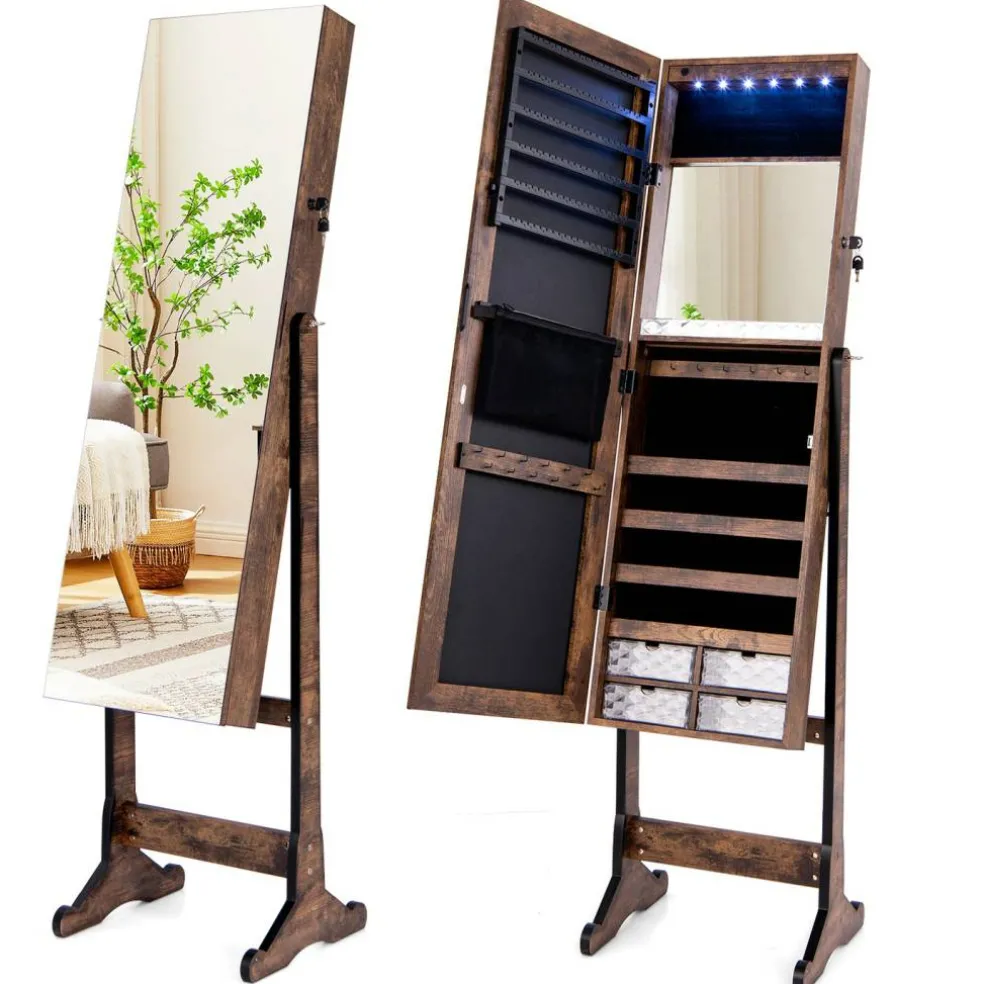 Full Length Jewelry Armoire Mirror with LED and Storage Shelves