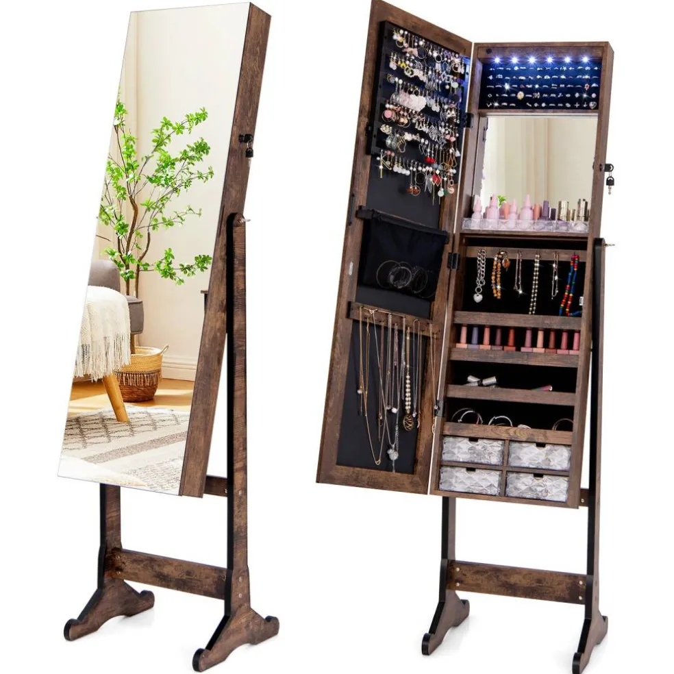Full Length Jewelry Armoire Mirror with LED and Storage Shelves