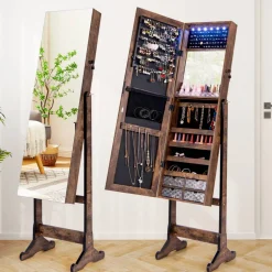 Full Length Jewelry Armoire Mirror with LED and Storage Shelves