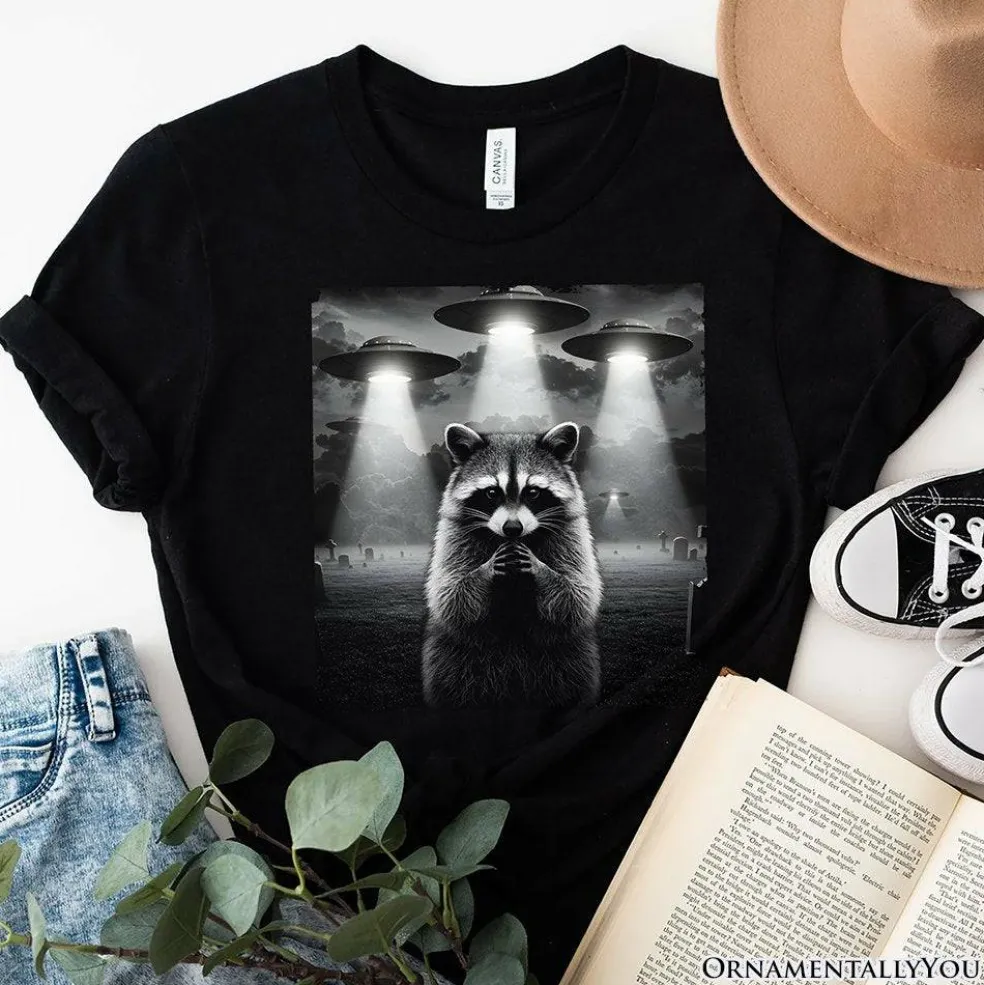 Funny Raccoon UFO T-Shirt, Unisex Black Tee for Space Lover