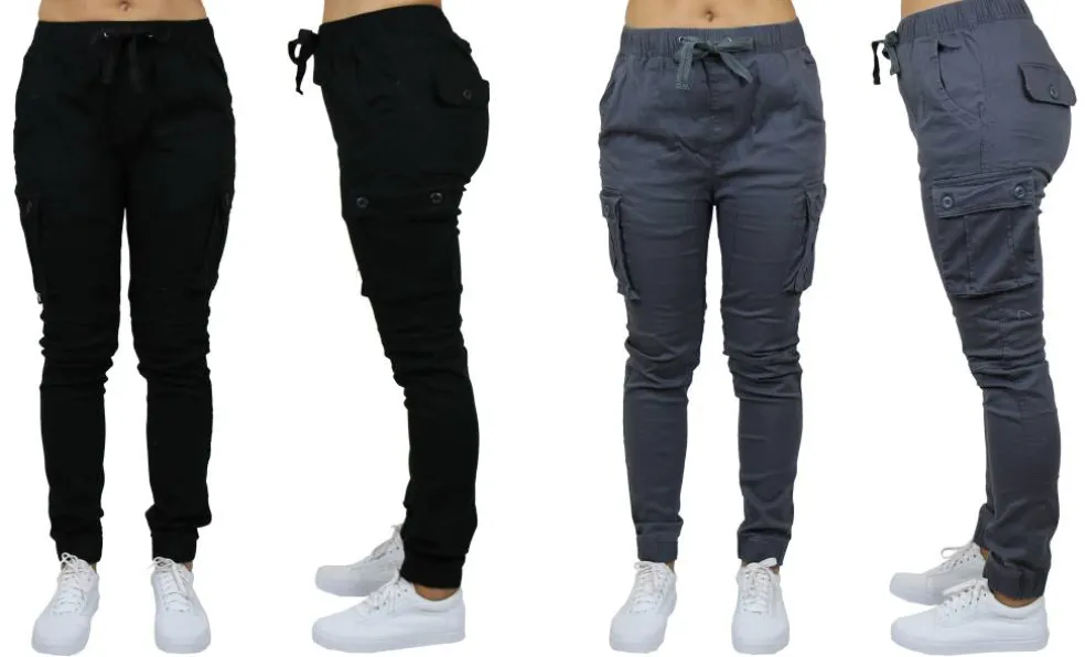 Galaxy By Harvic Loose Fit Cotton Stretch Twill Women's Cargo Joggers 2 Pack
