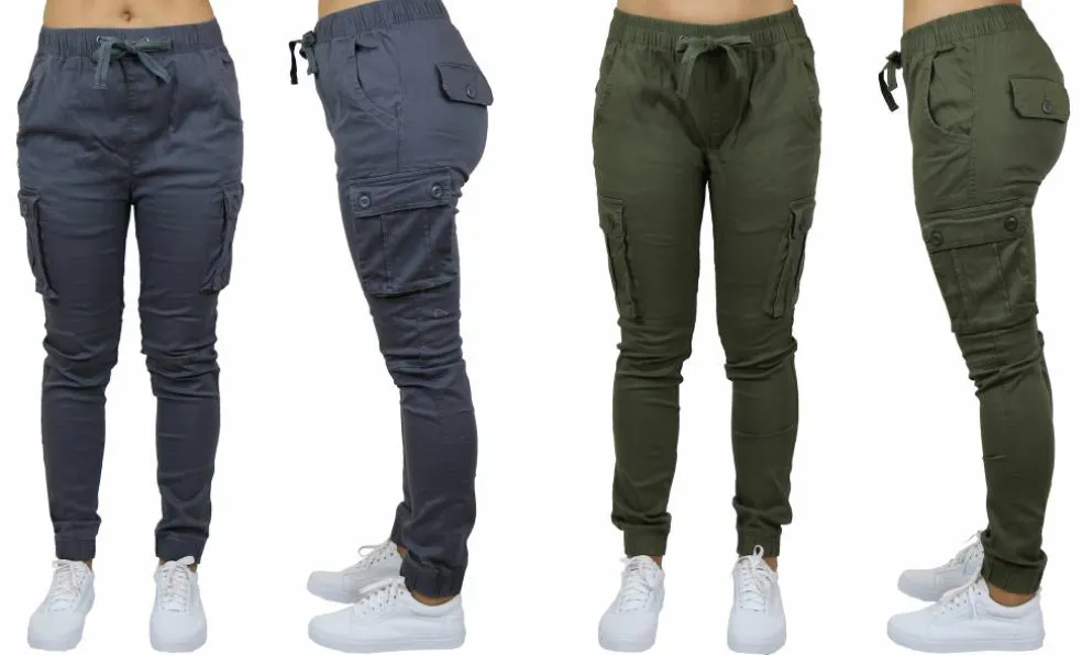 Galaxy By Harvic Loose Fit Cotton Stretch Twill Women's Cargo Joggers 2 Pack