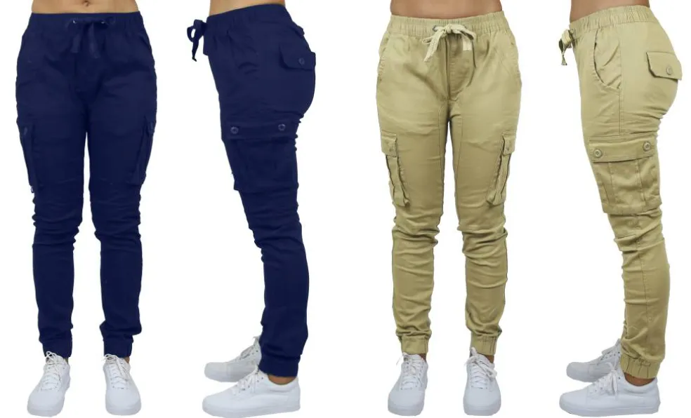 Galaxy By Harvic Loose Fit Cotton Stretch Twill Women's Cargo Joggers 2 Pack