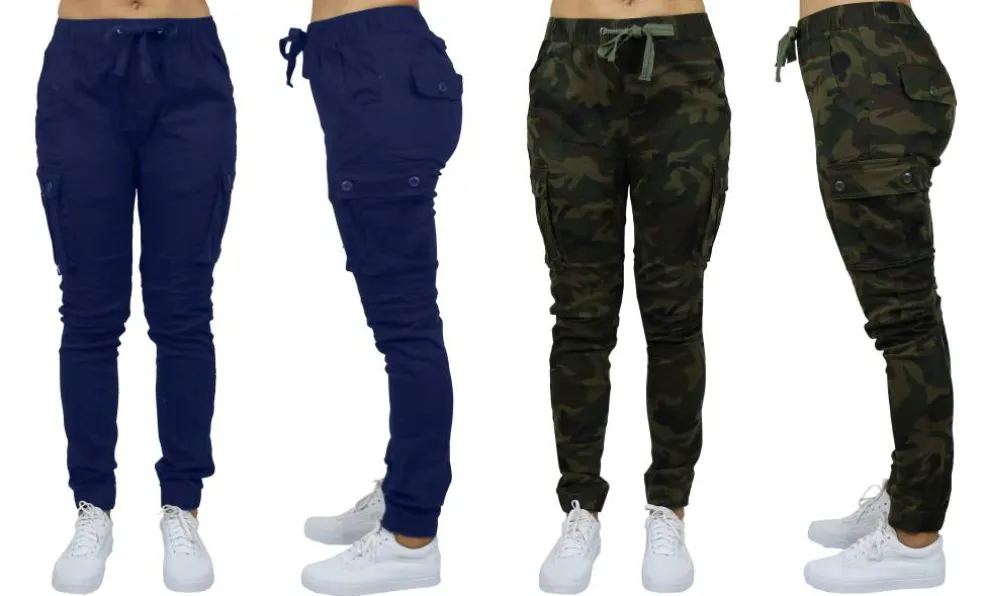 Galaxy By Harvic Loose Fit Cotton Stretch Twill Women's Cargo Joggers 2 Pack