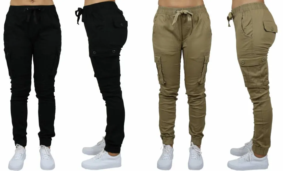 Galaxy By Harvic Loose Fit Cotton Stretch Twill Women's Cargo Joggers 2 Pack