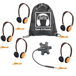 Galaxy™ Econo-Line of Sack-O-Phones with 5 Orange Personal-Sized Headphones, Starfish Jackbox and Carry Bag