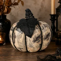 Gallerie II Glittered Newspaper Decoupage Pumpkin Halloween Decoration - 7" - Beige and Black