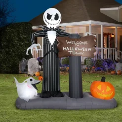 6' Gemmy Airblown Inflatable Jack Skellington & Zero "Welcome To Halloween Town" Sign Yard Decoration 223089