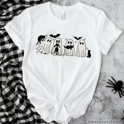 Ghosts and Cats Spooky T-Shirt, Whimsical Halloween Tee for Cozy Autumn Season