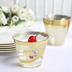 25 Glittered 9 oz Clear Plastic Disposable CUPS Gold Trim