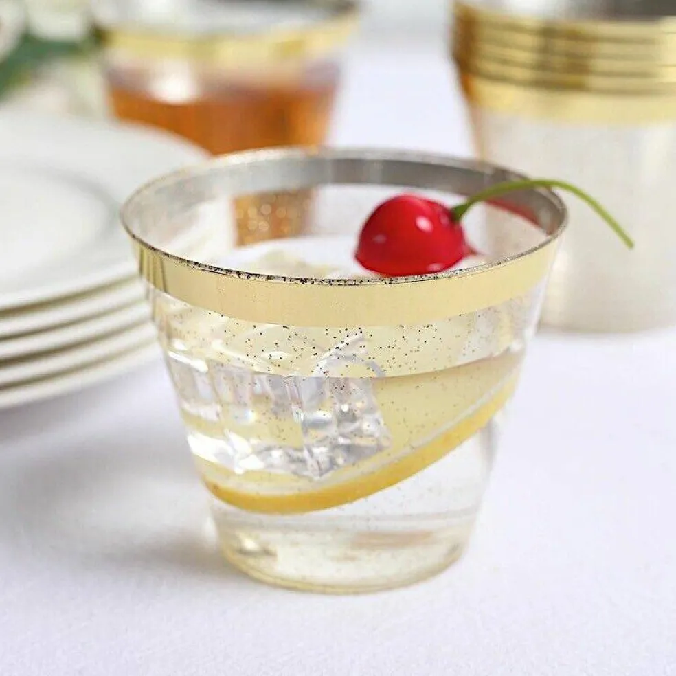 25 Glittered 9 oz Clear Plastic Disposable CUPS Gold Trim