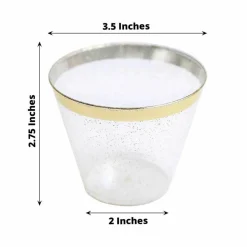 25 Glittered 9 oz Clear Plastic Disposable CUPS Gold Trim