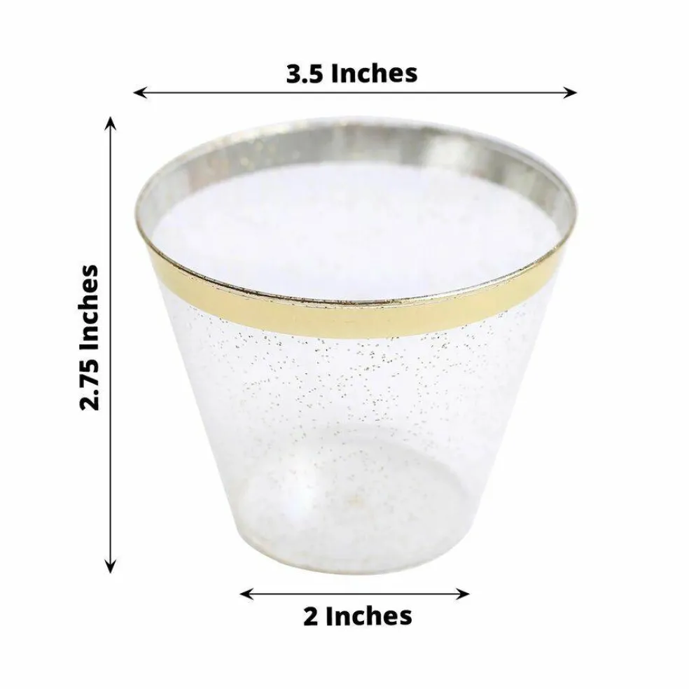 25 Glittered 9 oz Clear Plastic Disposable CUPS Gold Trim