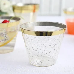 25 Glittered 9 oz Clear Plastic Disposable CUPS Gold Trim