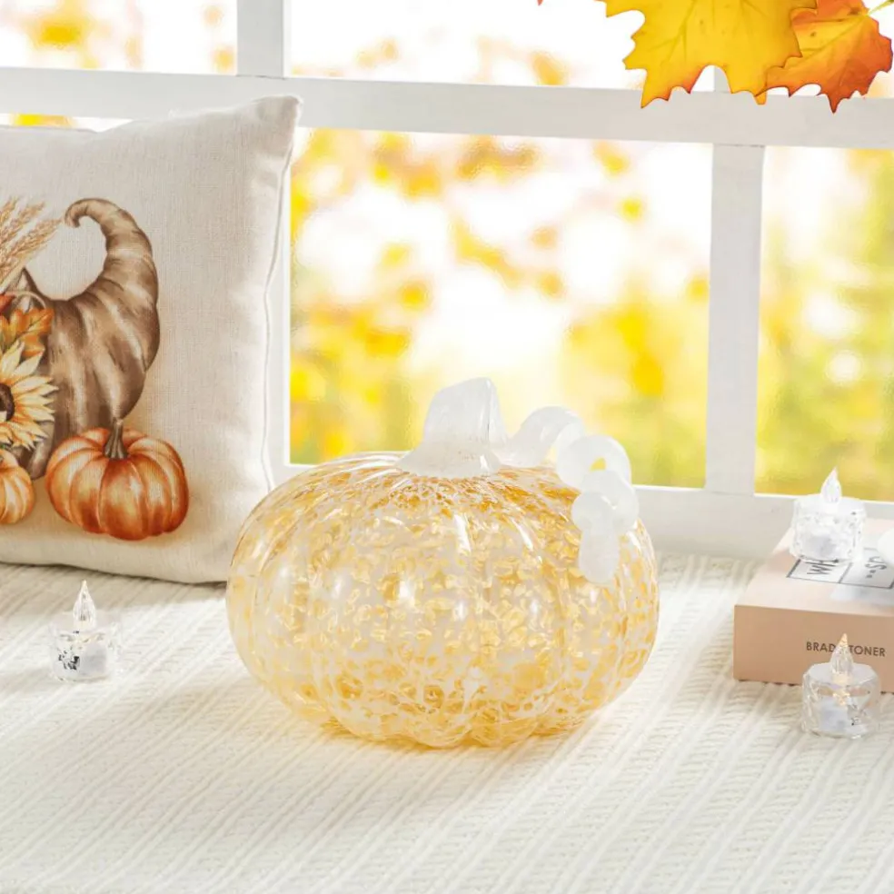 Glitzhome® Amber Dots Fall Pumpkin Glass Tabletop Accent