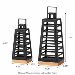 Glitzhome® Black Modern Trapezoid Metal & Wood Lanterns Set