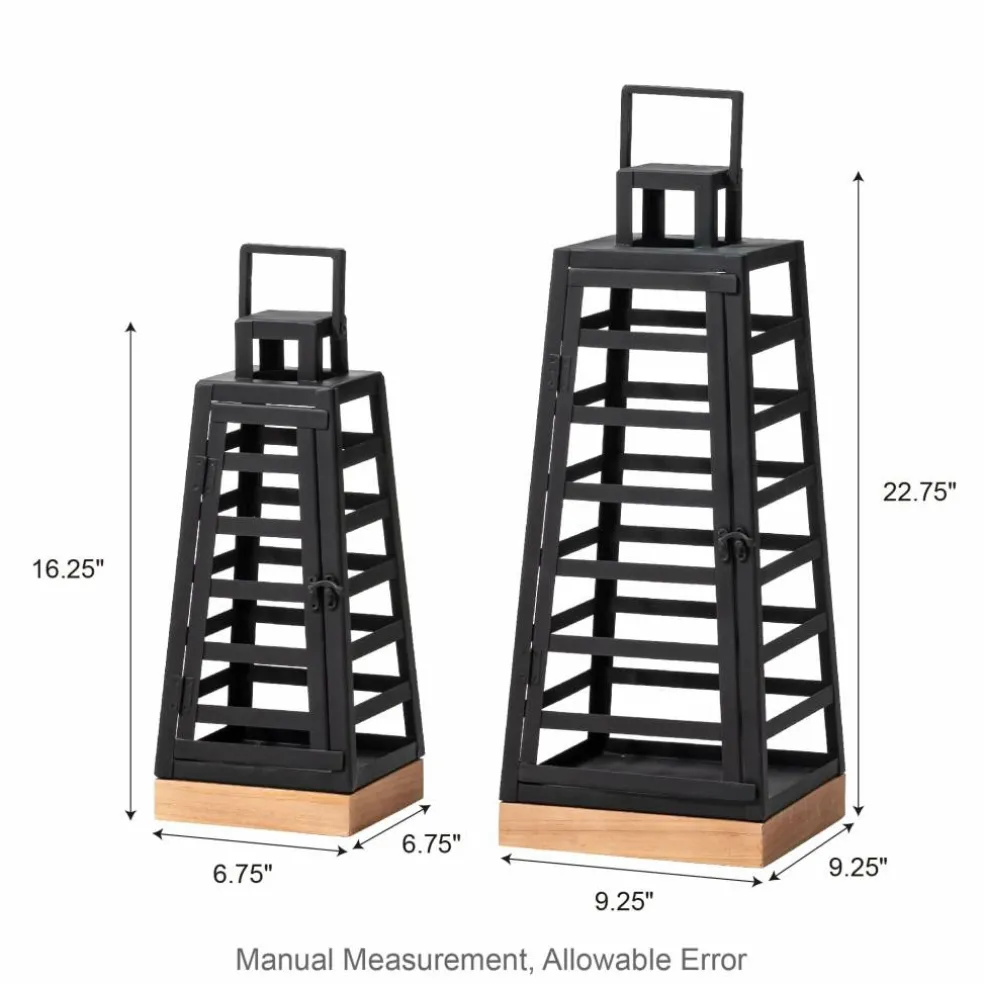 Glitzhome® Black Modern Trapezoid Metal & Wood Lanterns Set